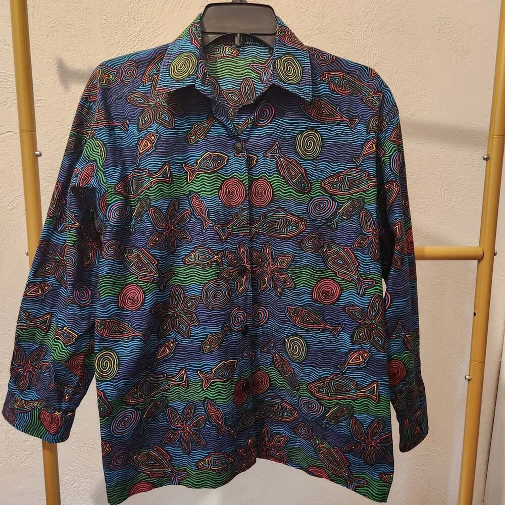 Vintage 90s Abstract Fish Waves Spiral Print Long Sleeve Button Down Shirt